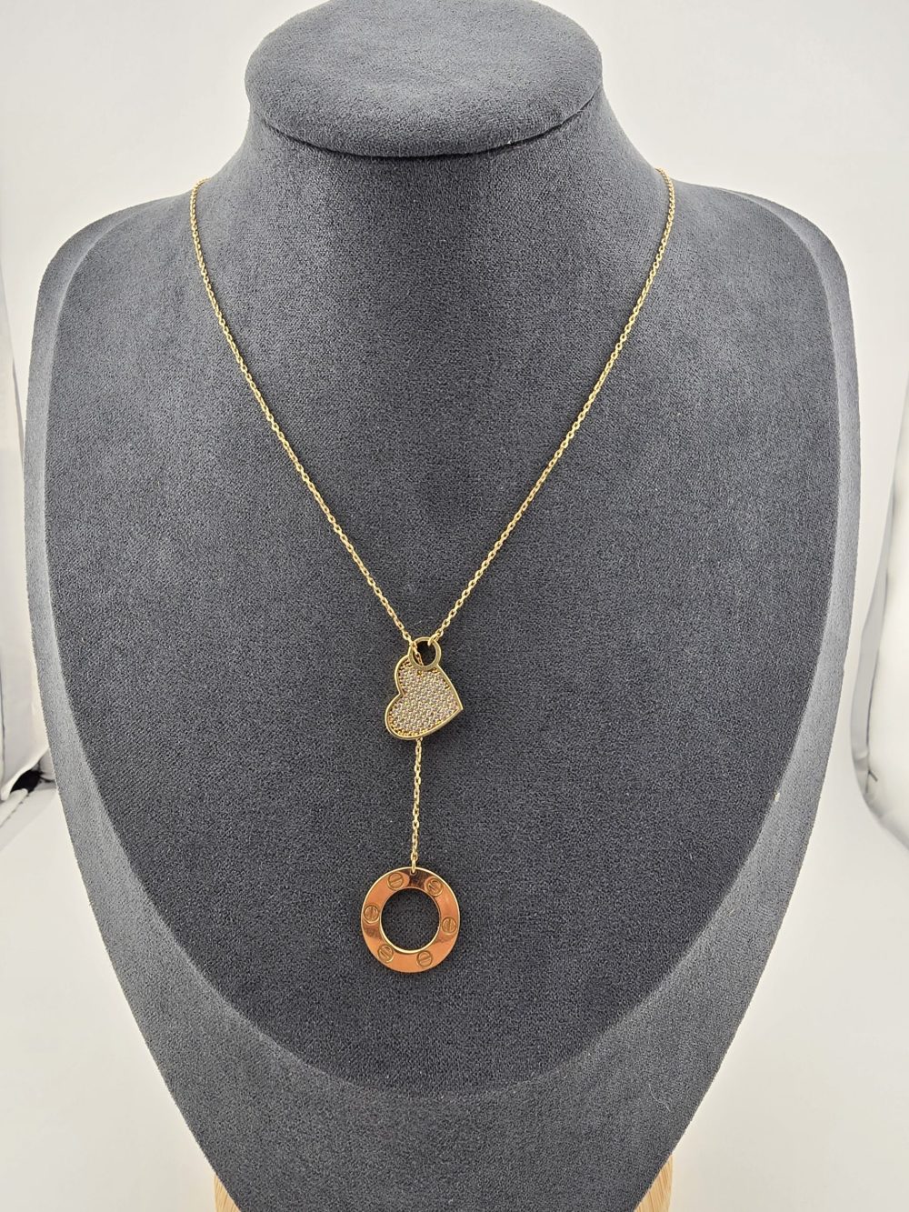 Gold Heart and Circle Drop Necklace - Image 7