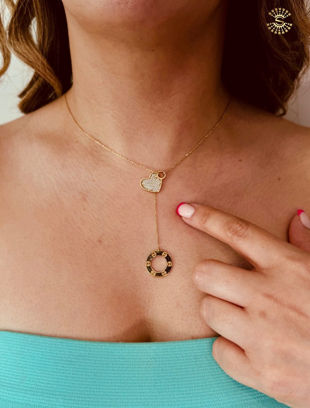 Gold Heart and Circle Drop Necklace - Image 2