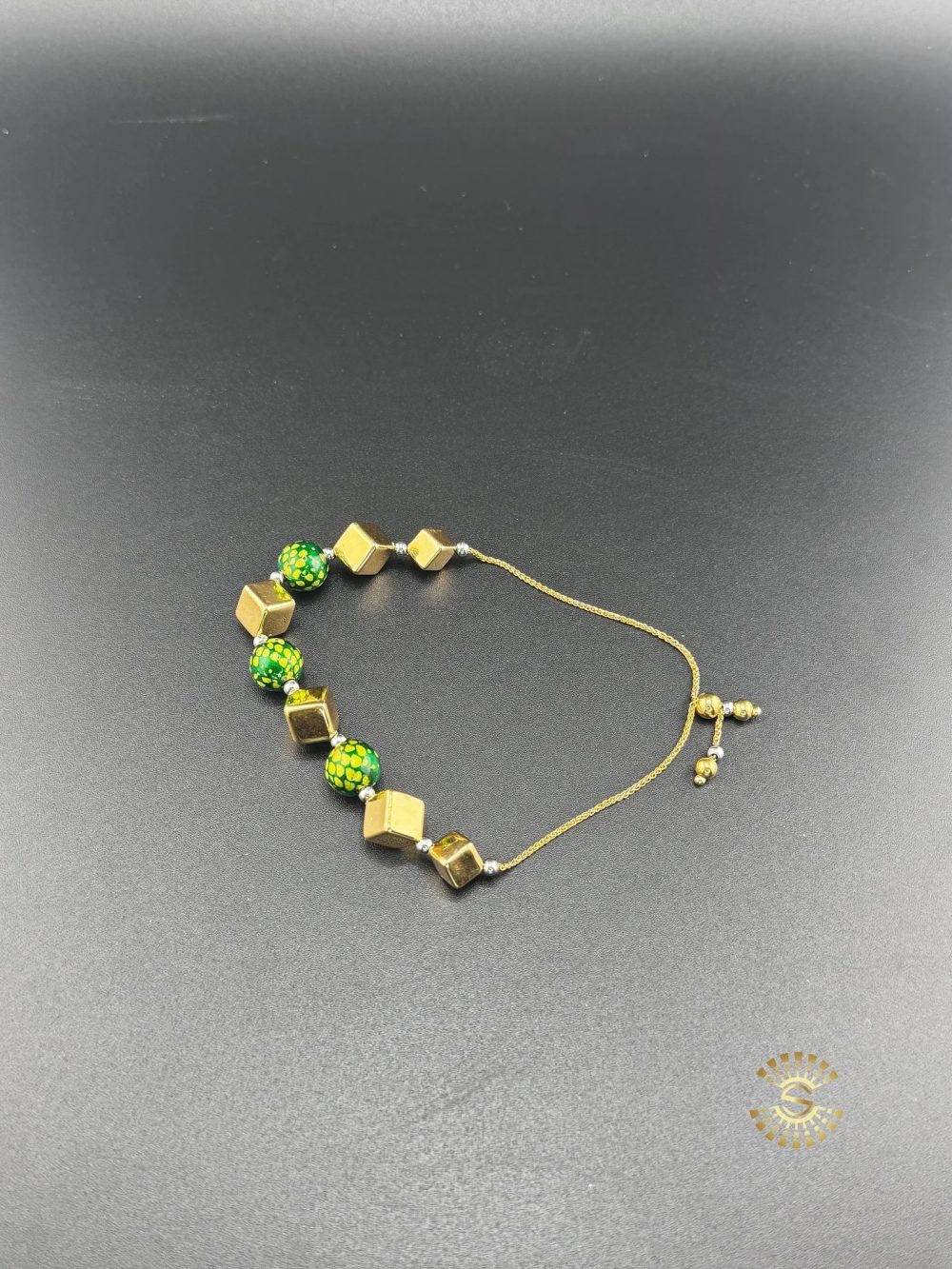 Green and Gold Adjustable Bead Bracelet - Image 3
