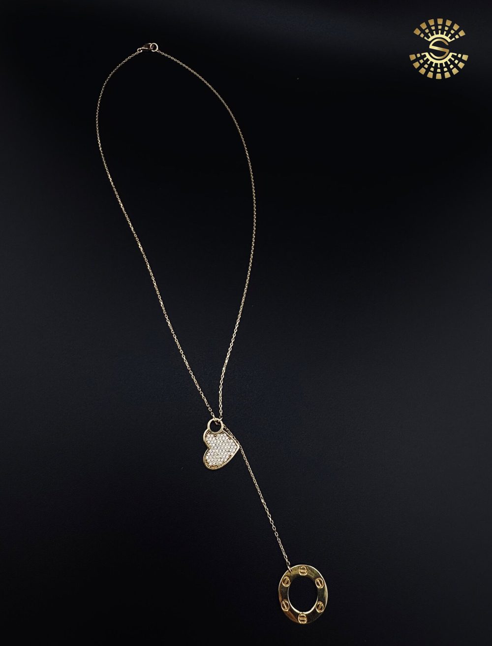 Gold Heart and Circle Drop Necklace - Image 3